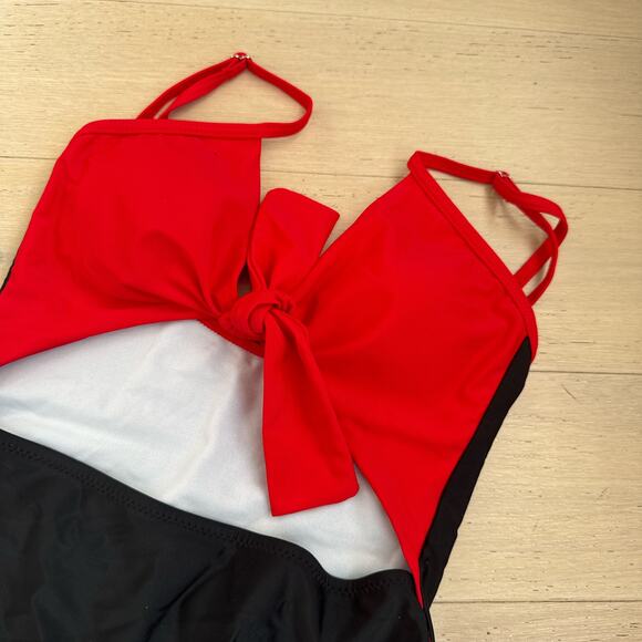 QEARAL Red Tie Front Bikini Top Black High-Waist Thong One Piece Swim | Small - Picture 6 of 7